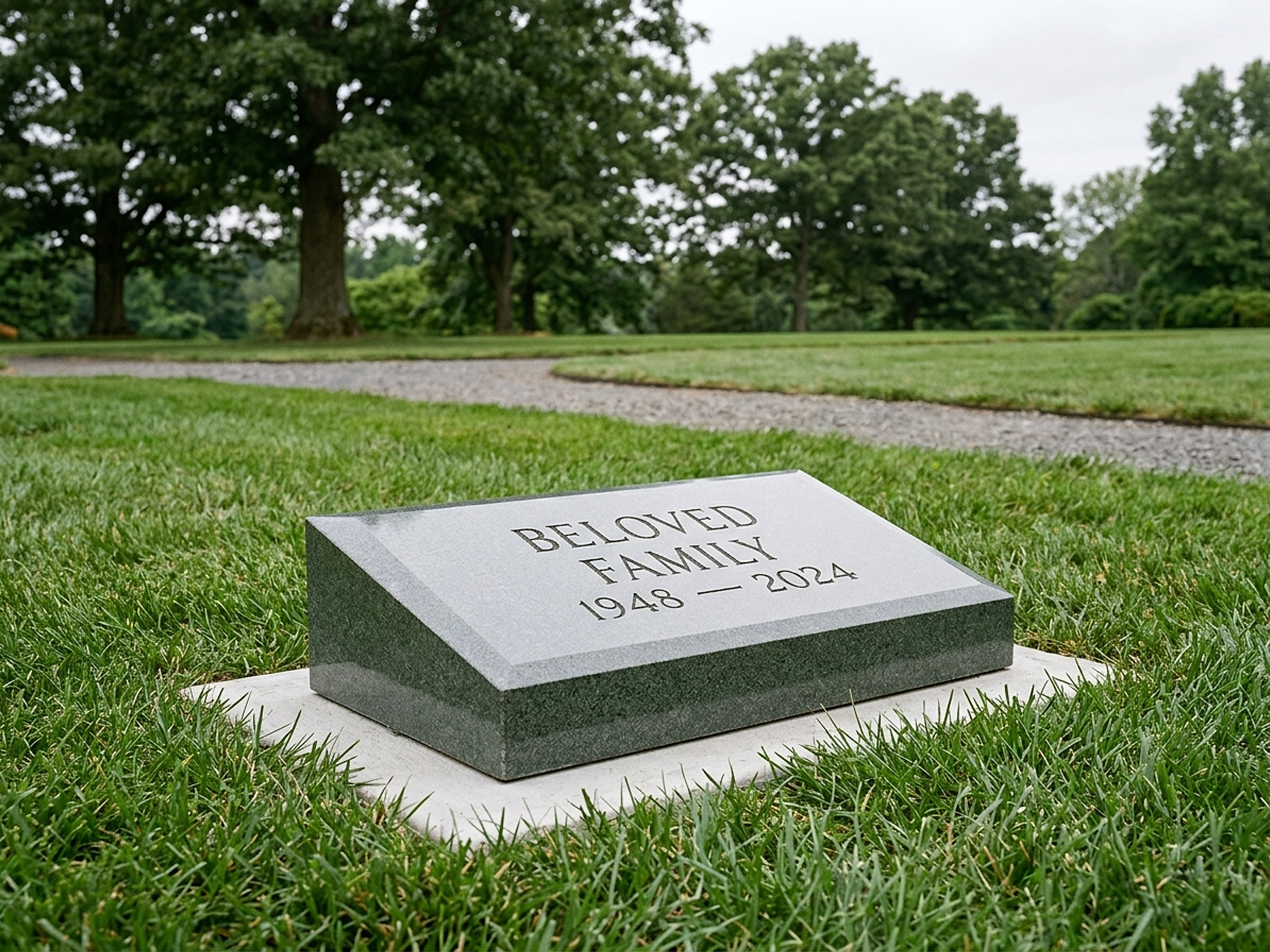 Studio visualization of a bevel pillow granite marker in Mountain Green