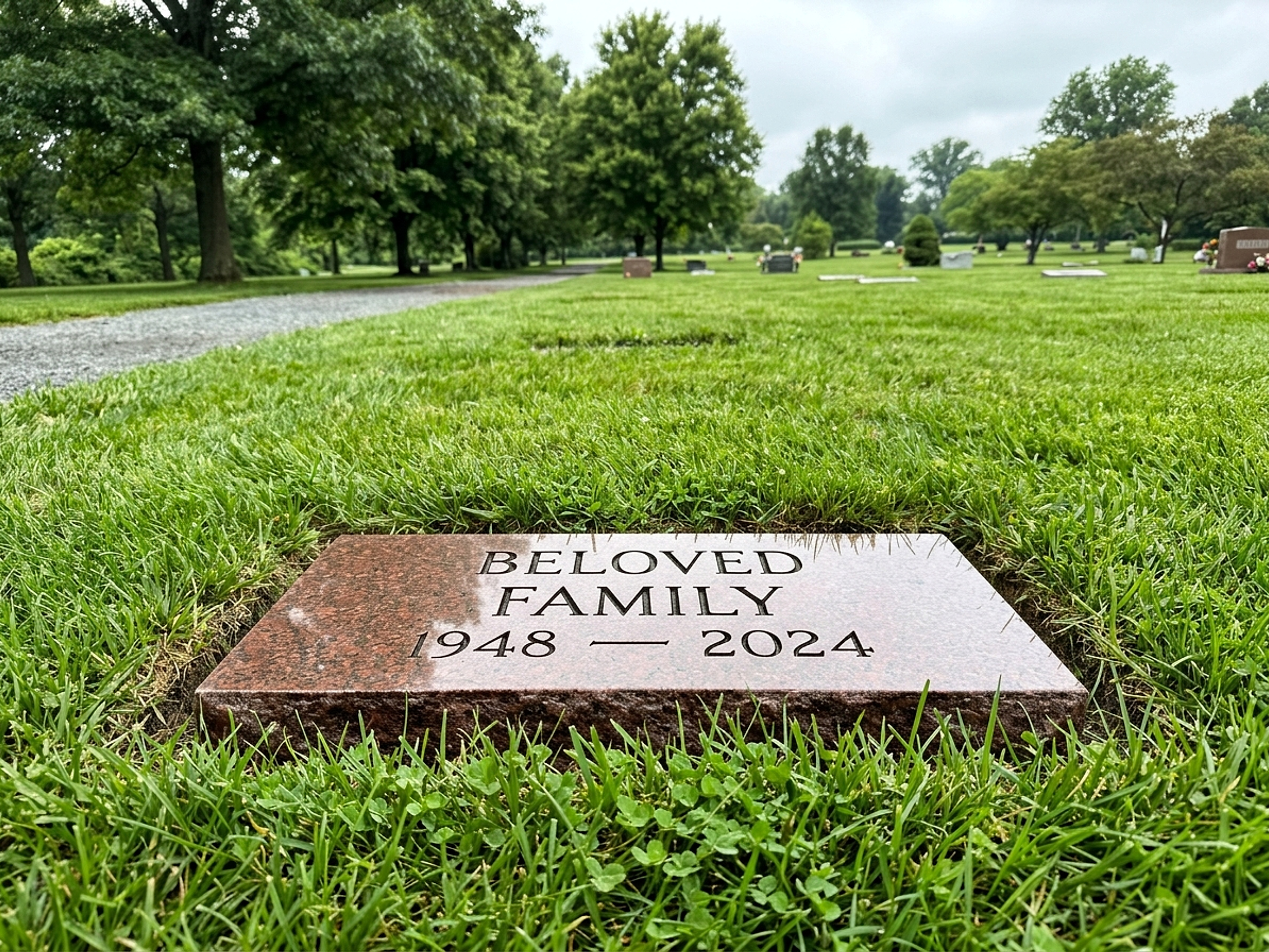 Studio visualization of a flush lawn granite marker in India Red