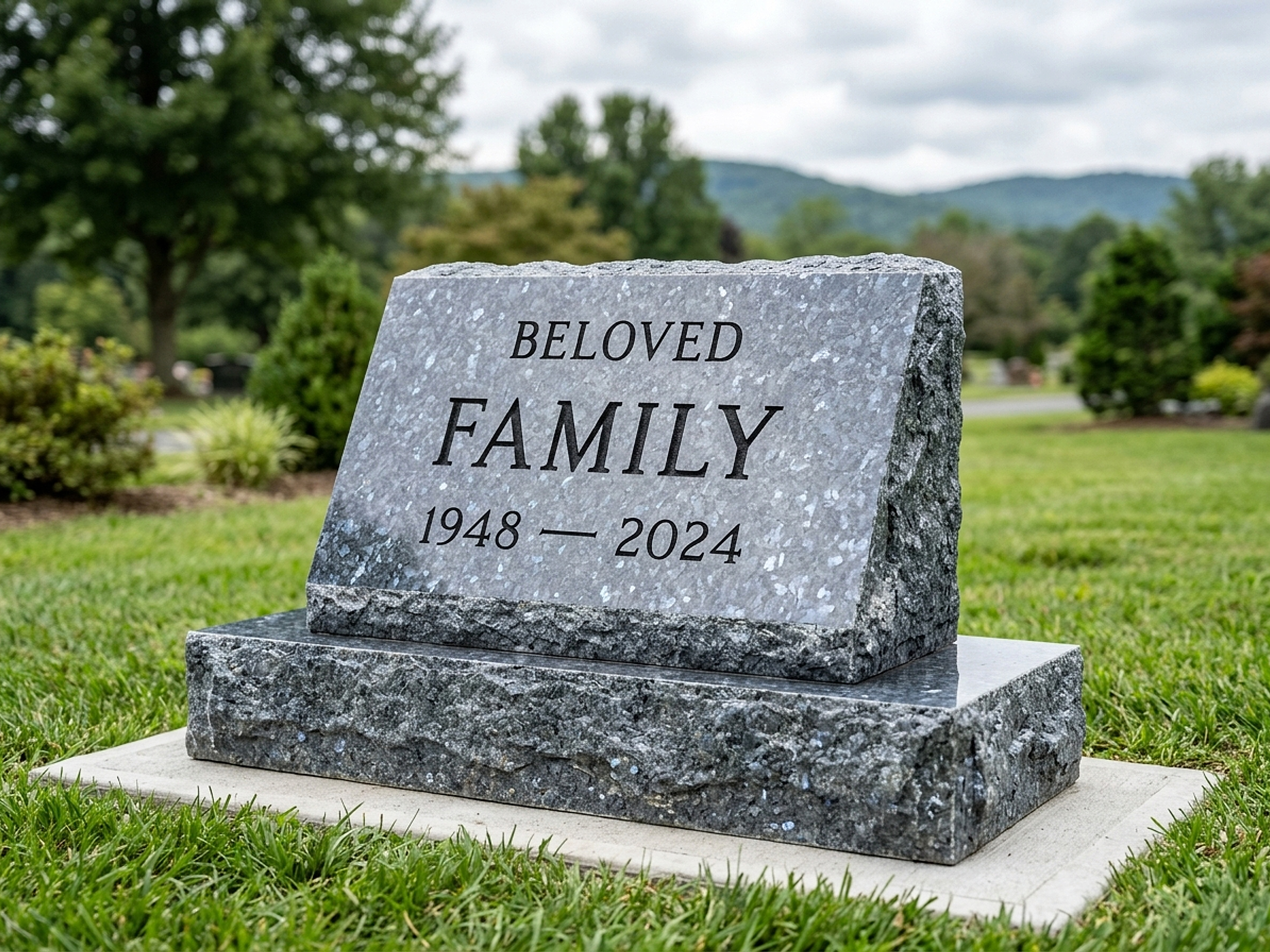 Studio visualization of a slant granite memorial in Blue Pearl
