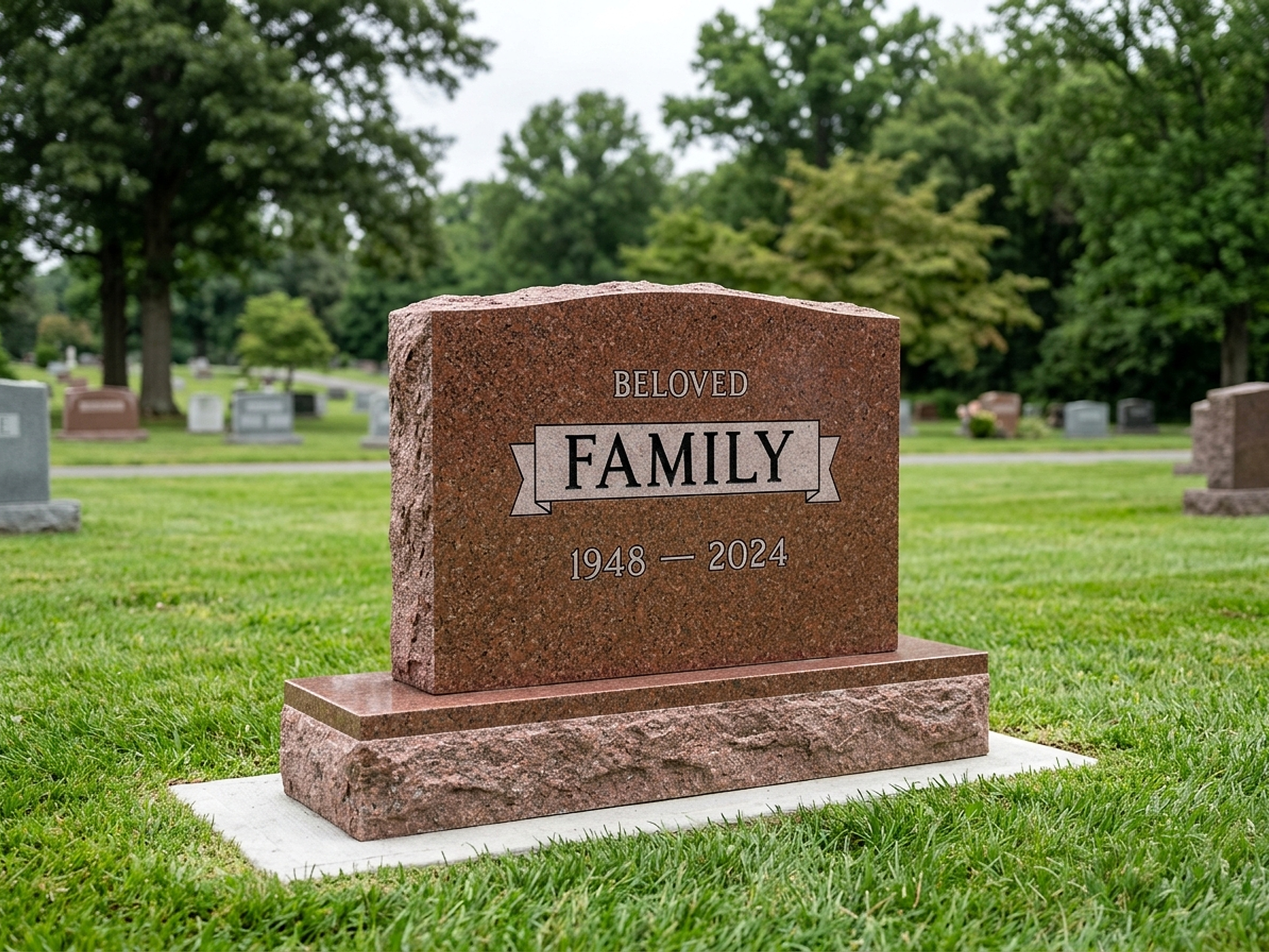 Studio visualization of an upright companion granite memorial in Sunset Red